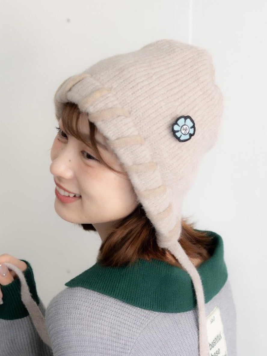 【bbO】ハンドステッチフラワーワッペンニットキャップ