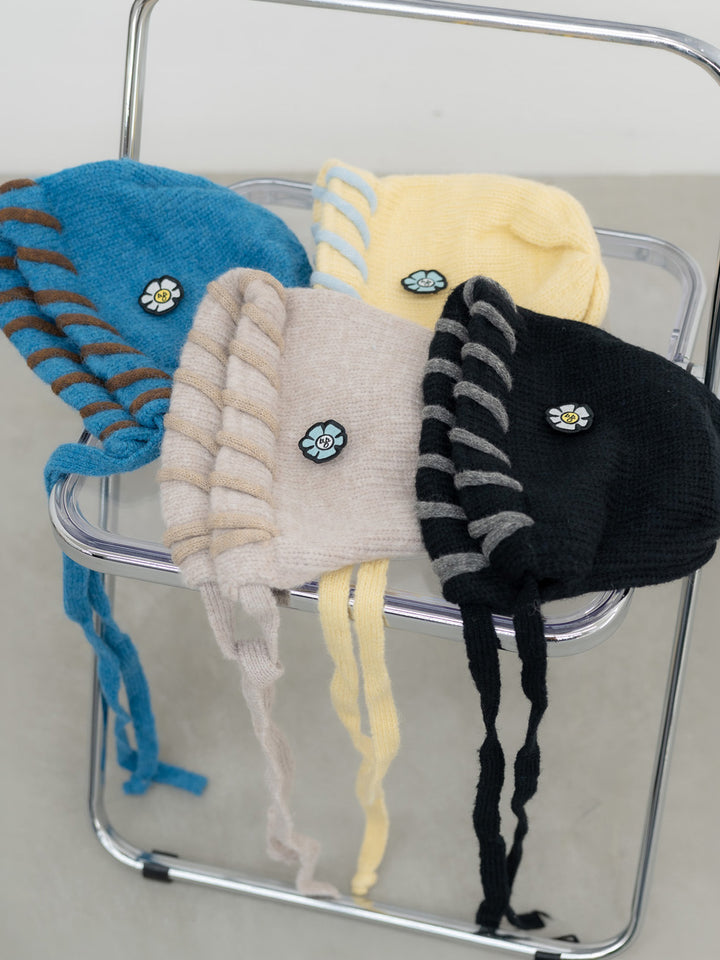 【bbO】ハンドステッチフラワーワッペンニットキャップ