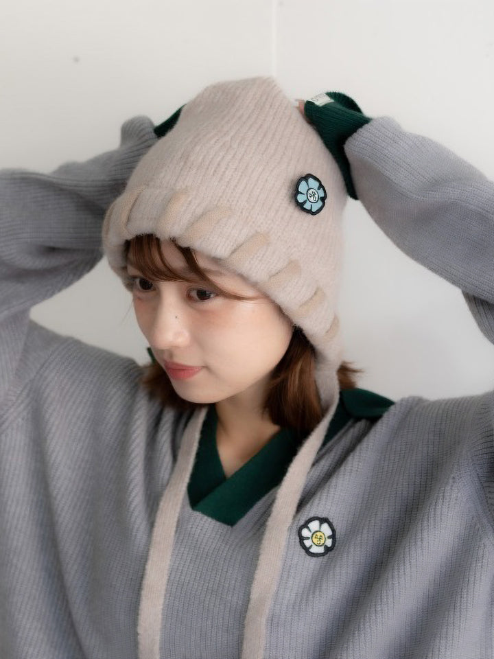 【bbO】ハンドステッチフラワーワッペンニットキャップ