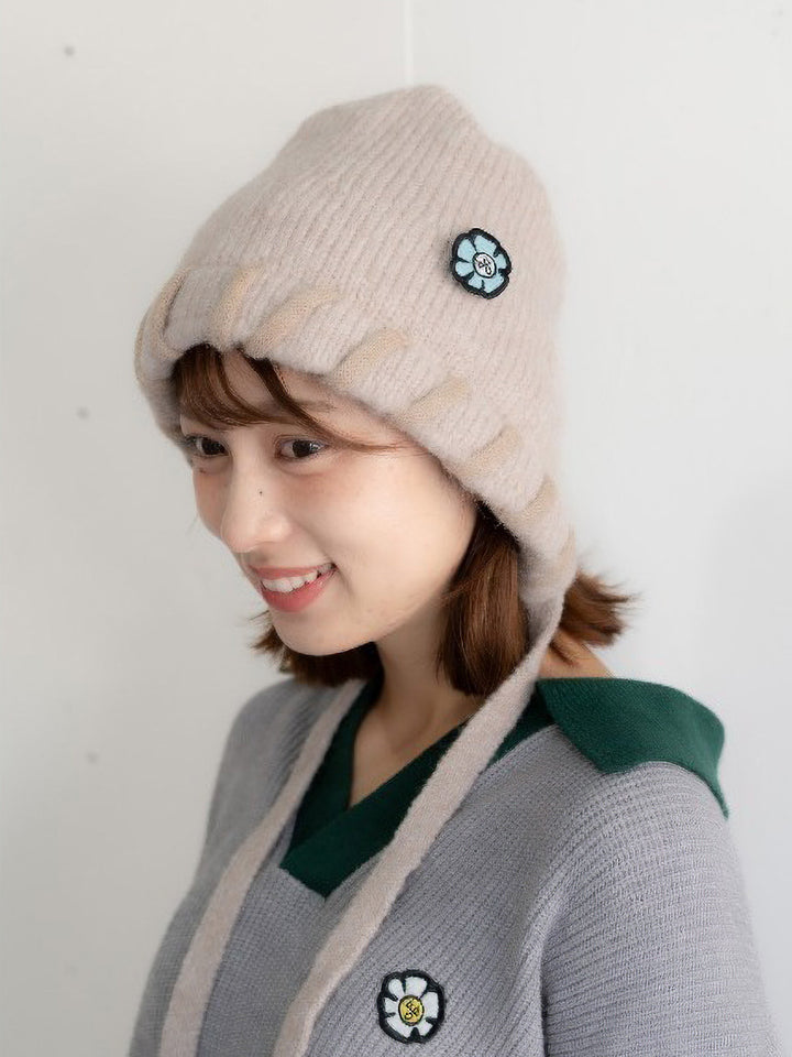 【bbO】ハンドステッチフラワーワッペンニットキャップ