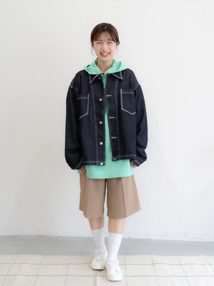 【bbO】ステッチデザインショートデニムジャケット