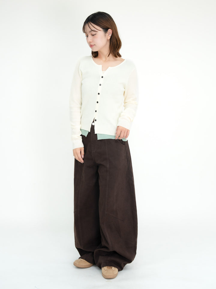 [SET]【bbO】レイヤードライク配色ニットカーディガン+【bbO】カーブラインブラウンデニムパンツ(2set)