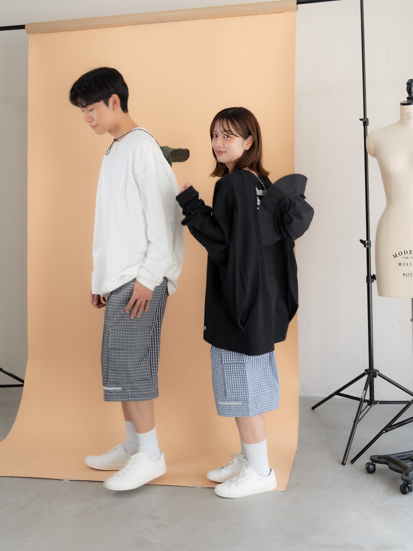 【bbO】チェック柄2WAYカーゴポケットパンツ