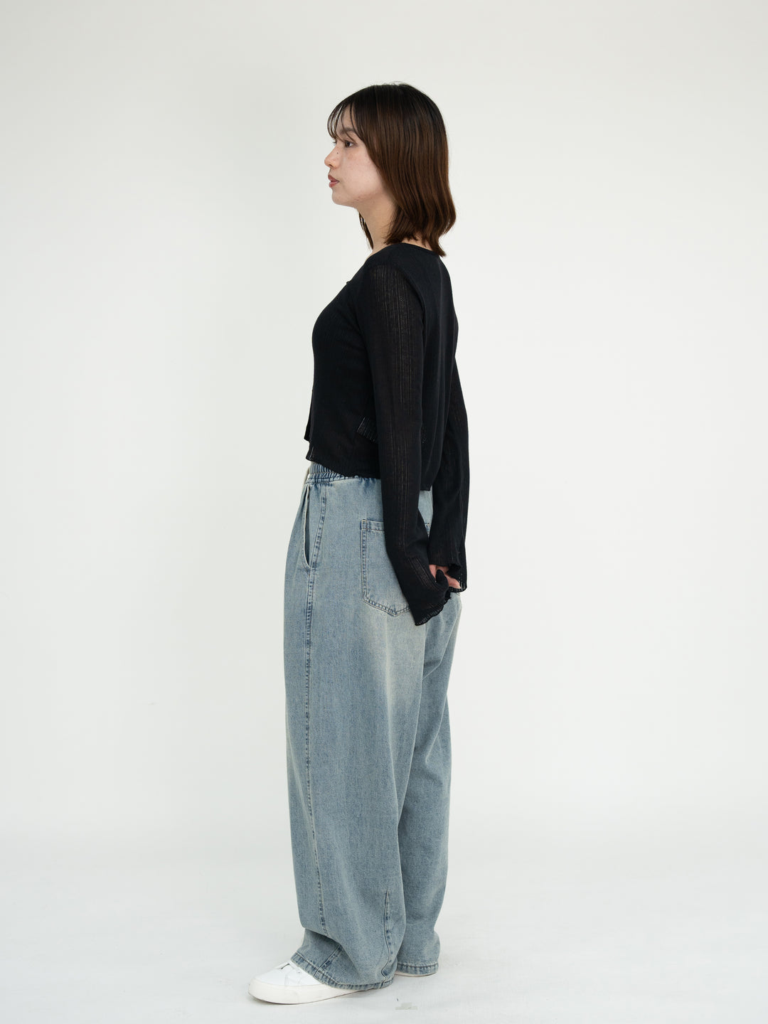 [SET]【bbO】シアーリブ針抜きクロップドカーディガン+【bbO】イージーコクーンワイドデニムパンツ(2set)