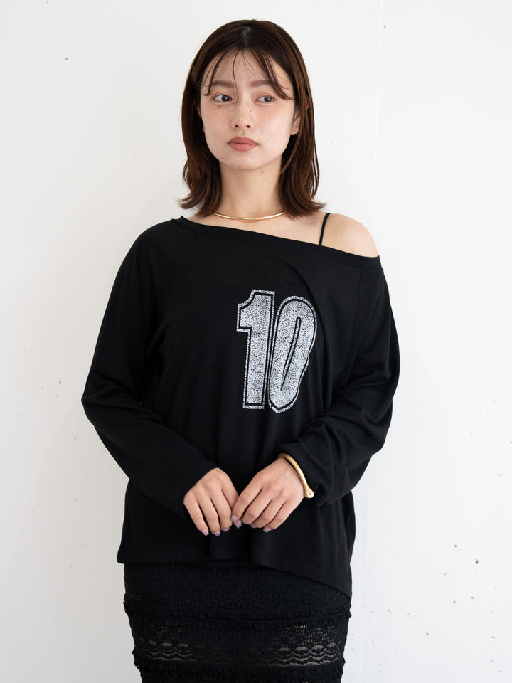 【bbO】ルーズネックナンバリングクロップドロンT