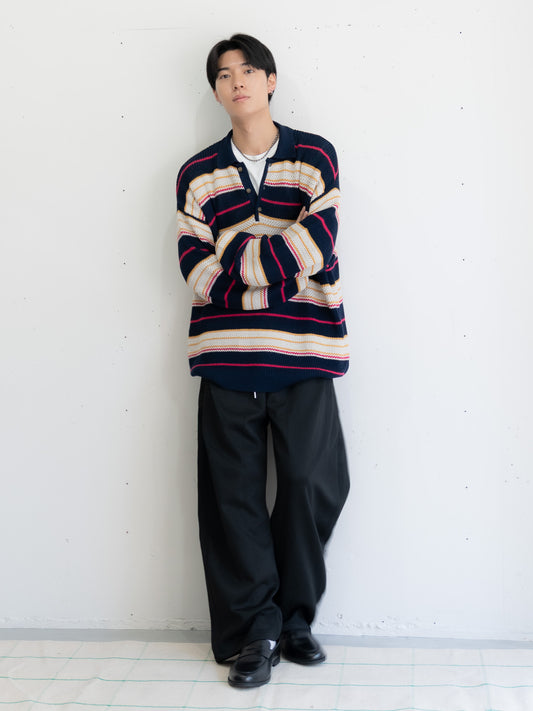 [SET]マルチボーダーポロニット+デザインスウェットカーブパンツ(2set)