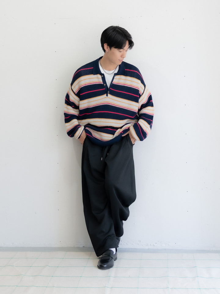[SET]マルチボーダーポロニット+デザインスウェットカーブパンツ(2set)