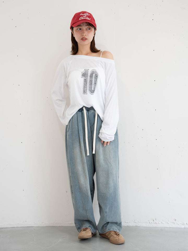 【bbO】ルーズネックナンバリングクロップドロンT