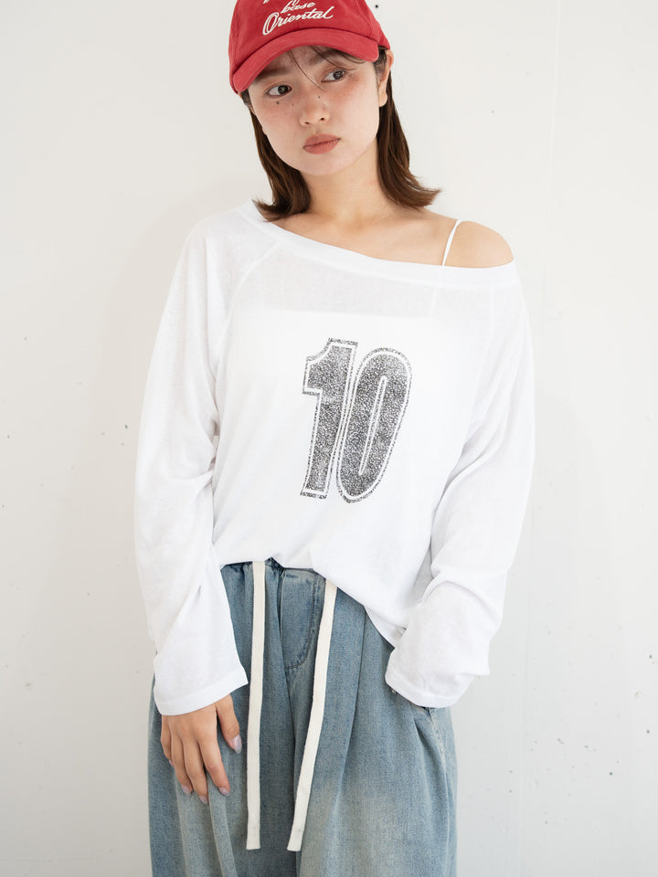 【bbO】ルーズネックナンバリングクロップドロンT
