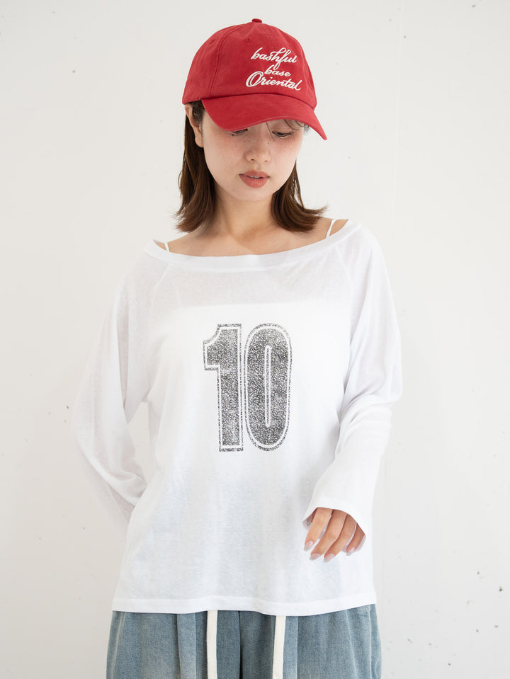 【bbO】ルーズネックナンバリングクロップドロンT