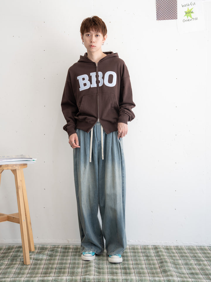 【bbO】ワッペンロゴダブルジップボリュームパーカーx【bbO】イージーコクーンワイドデニムパンツ（2枚組み）