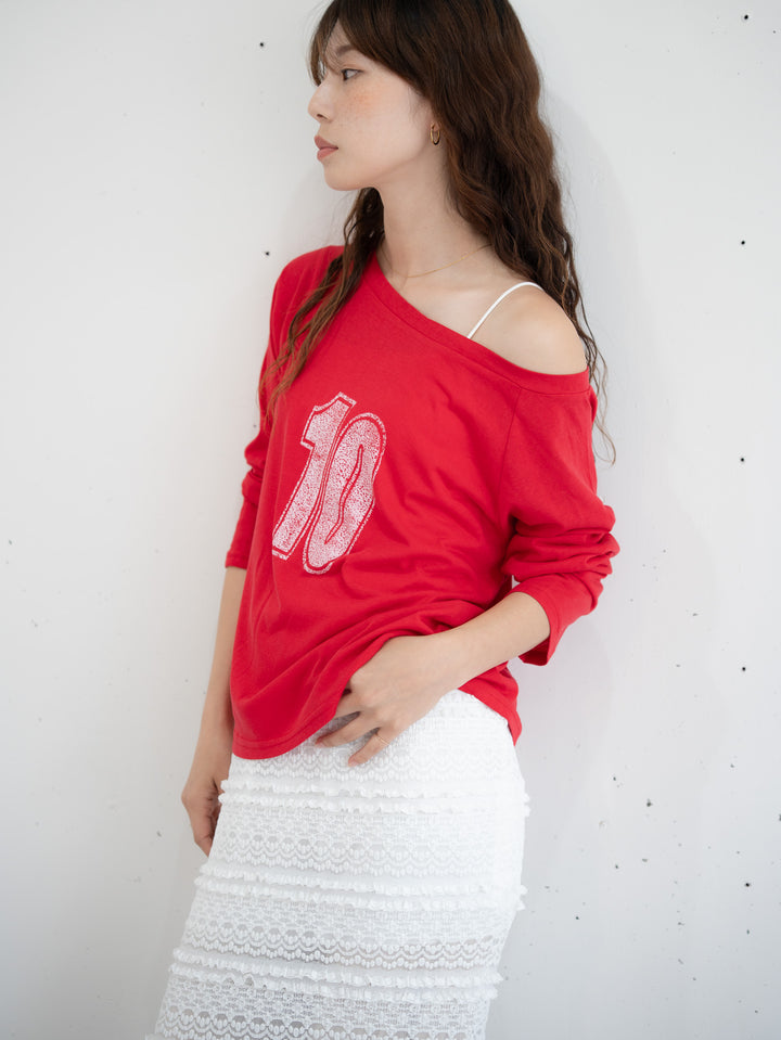 【bbO】ルーズネックナンバリングクロップドロンT