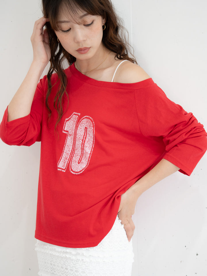 【bbO】ルーズネックナンバリングクロップドロンT