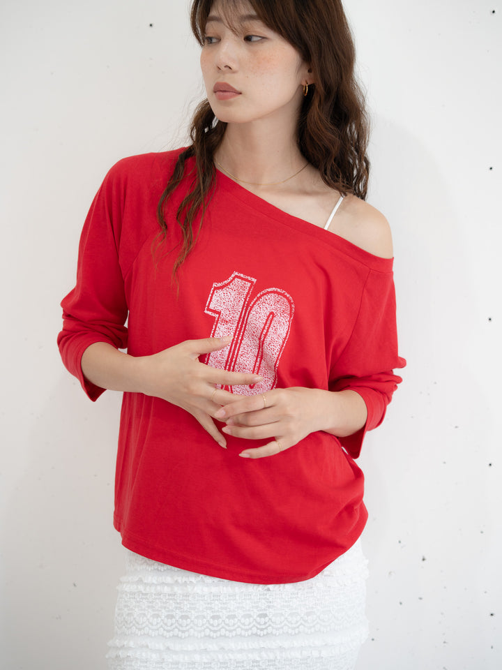 【bbO】ルーズネックナンバリングクロップドロンT
