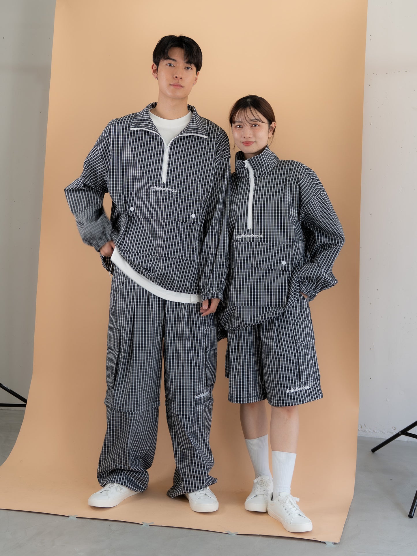 [SET]チェック柄ハーフジップアノラック+チェック柄2WAYカーゴポケットパンツ(2set)