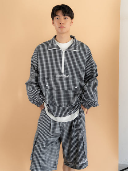 [SET]チェック柄ハーフジップアノラック+チェック柄2WAYカーゴポケットパンツ(2set)