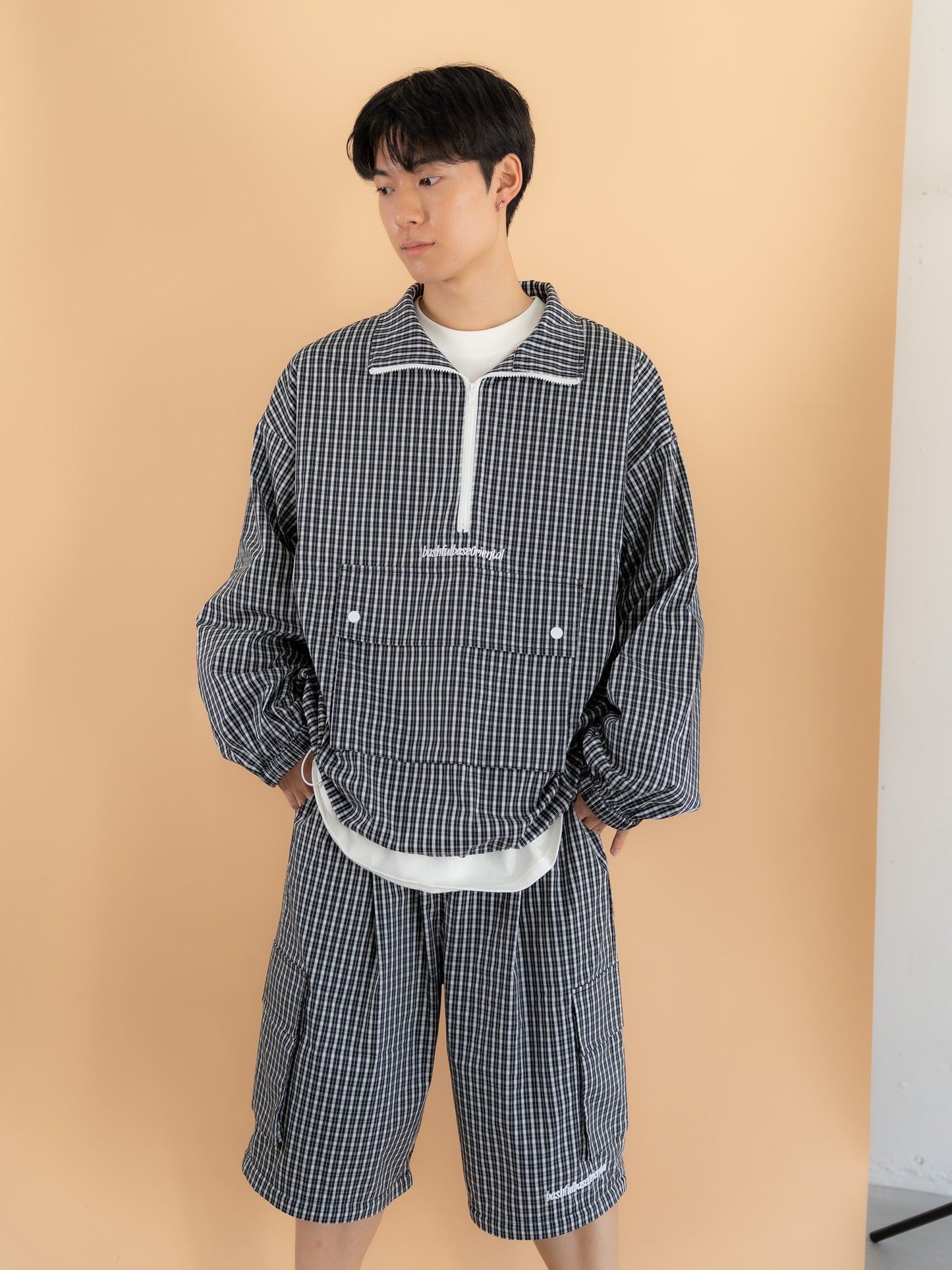 [SET]チェック柄ハーフジップアノラック+チェック柄2WAYカーゴポケットパンツ(2set)