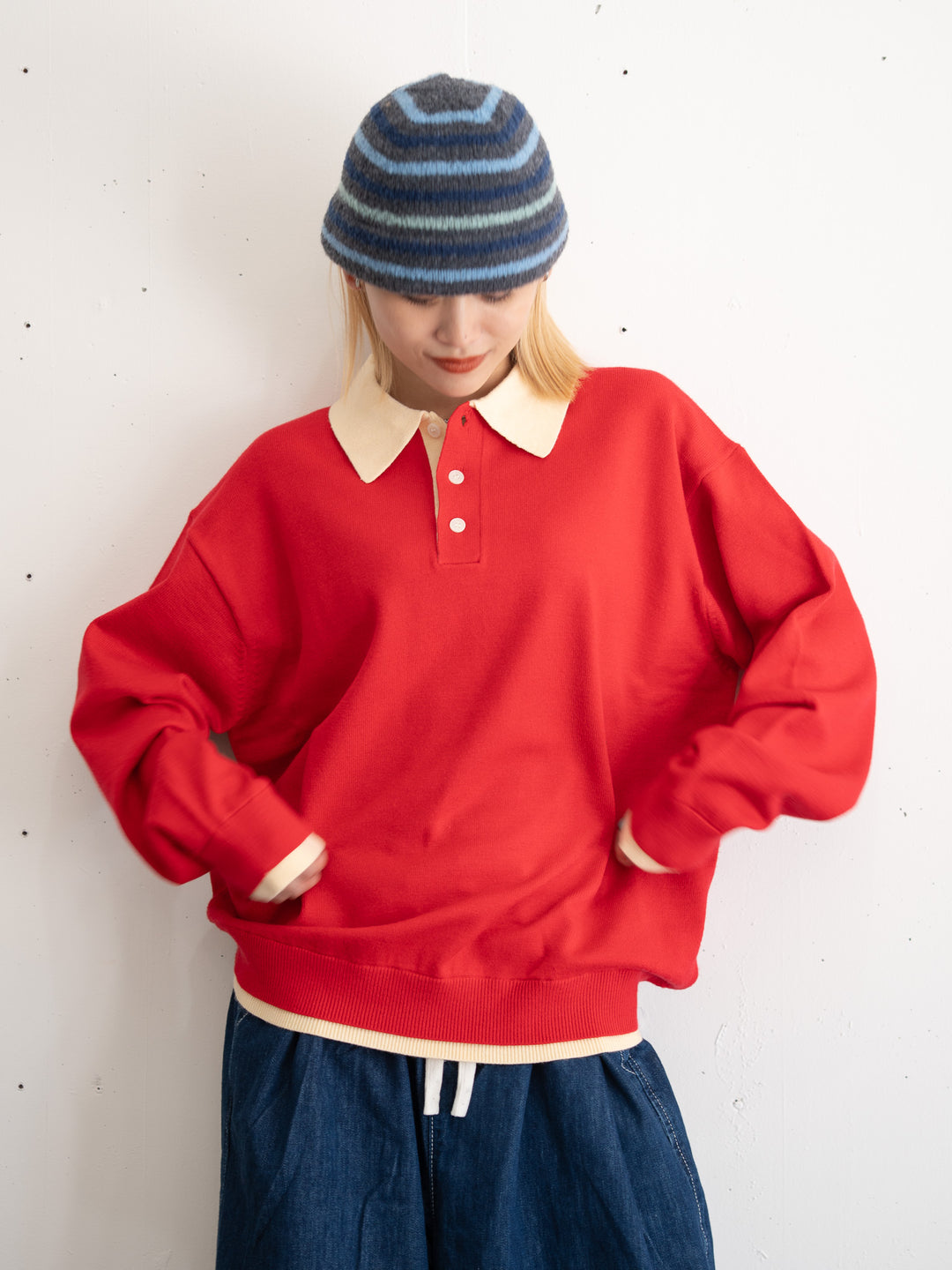 【bbO】バイカラーニットポロプルオーバー