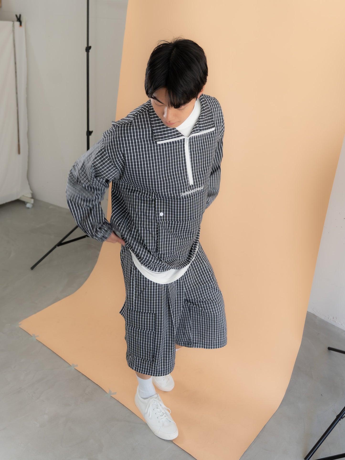 [SET]チェック柄ハーフジップアノラック+チェック柄2WAYカーゴポケットパンツ(2set)