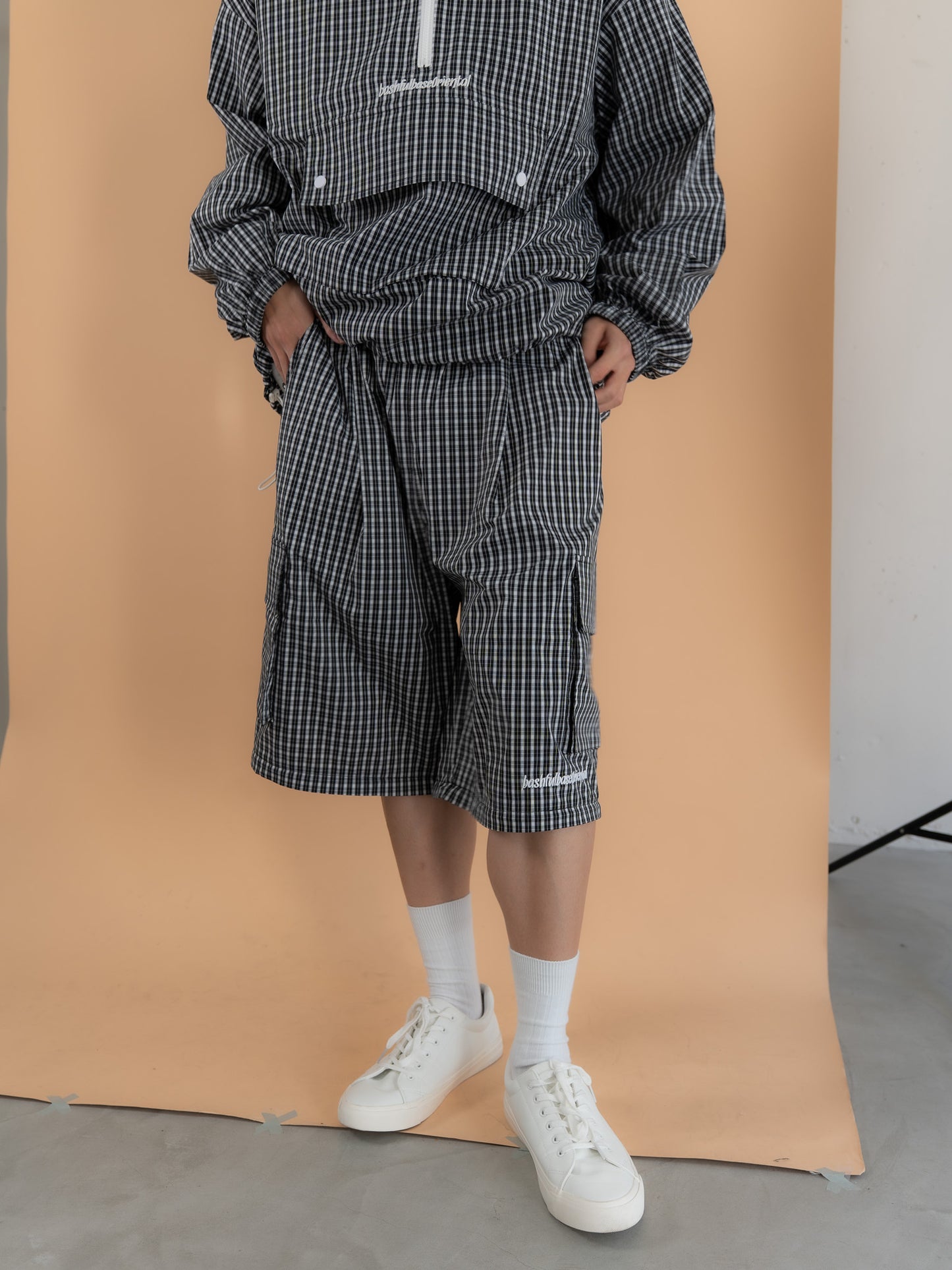 【bbO】チェック柄2WAYカーゴポケットパンツ