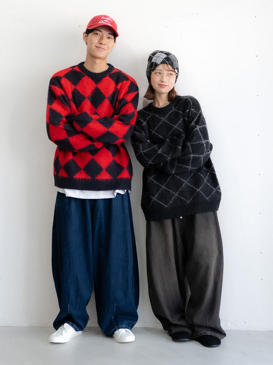 [SET]シャギーモヘアタッチダイヤニットプルオーバー+イージーコクーンワイドデニムパンツ(2set)