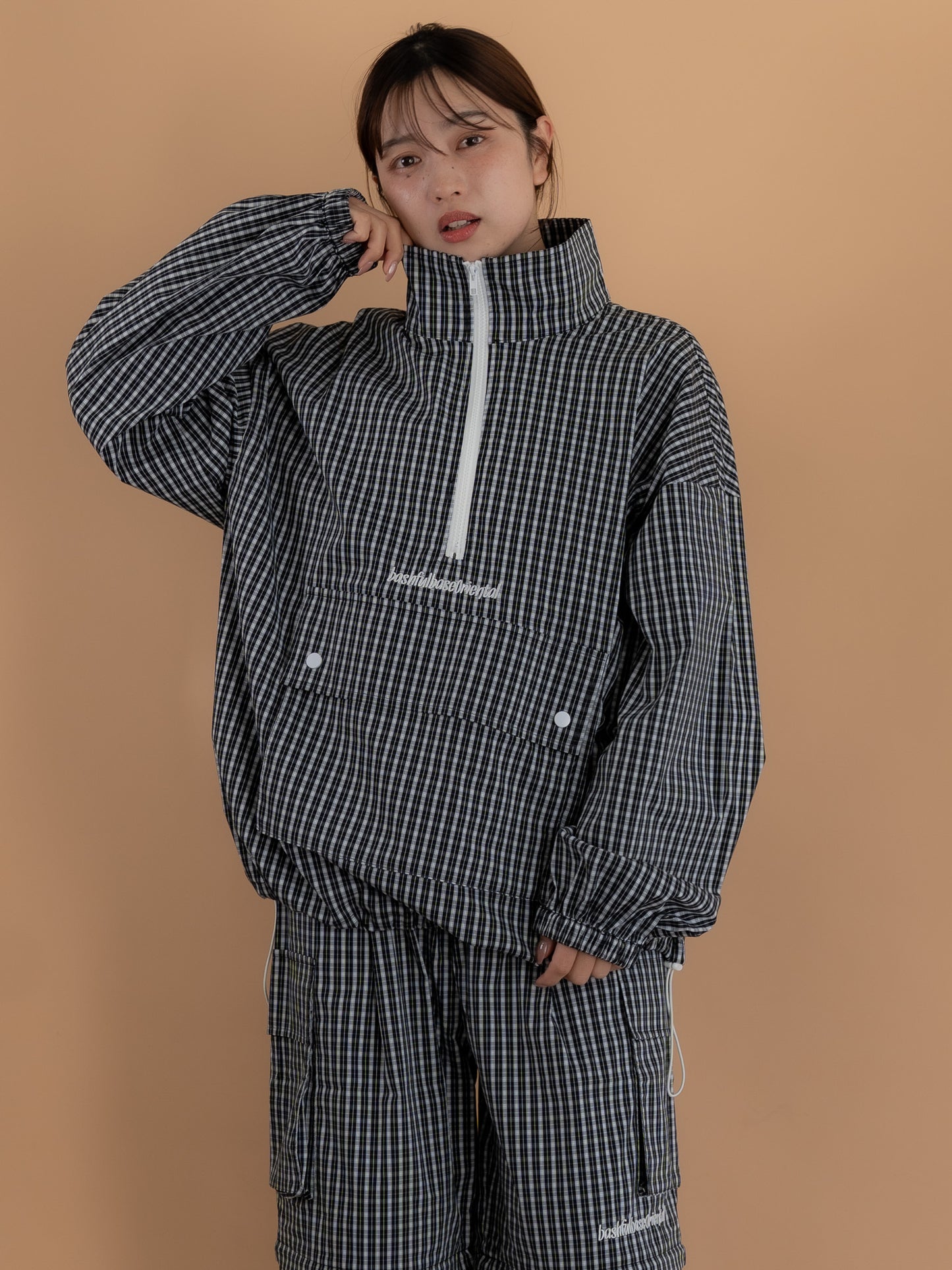 [SET]チェック柄ハーフジップアノラック+チェック柄2WAYカーゴポケットパンツ(2set)