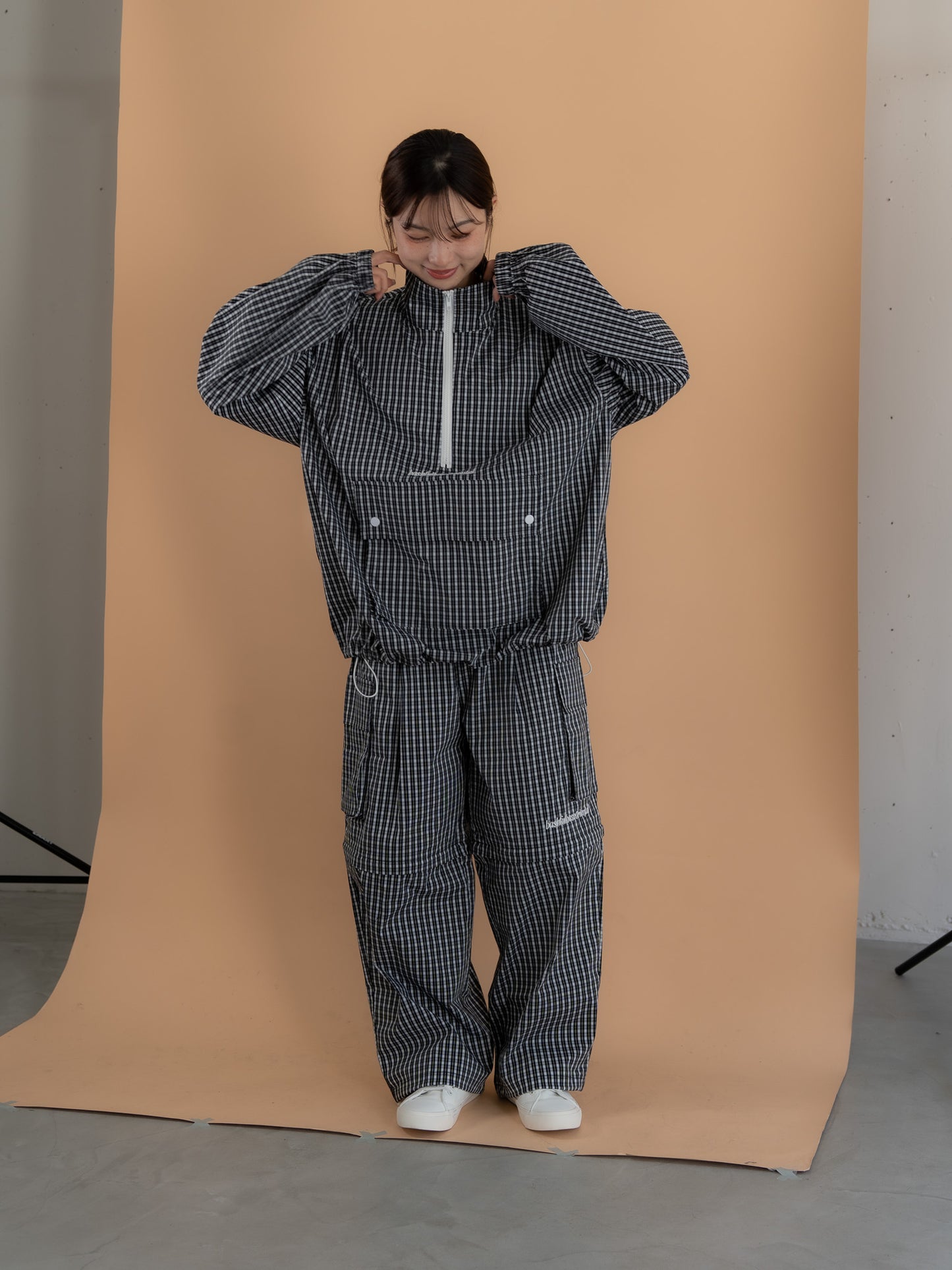 [SET]チェック柄ハーフジップアノラック+チェック柄2WAYカーゴポケットパンツ(2set)