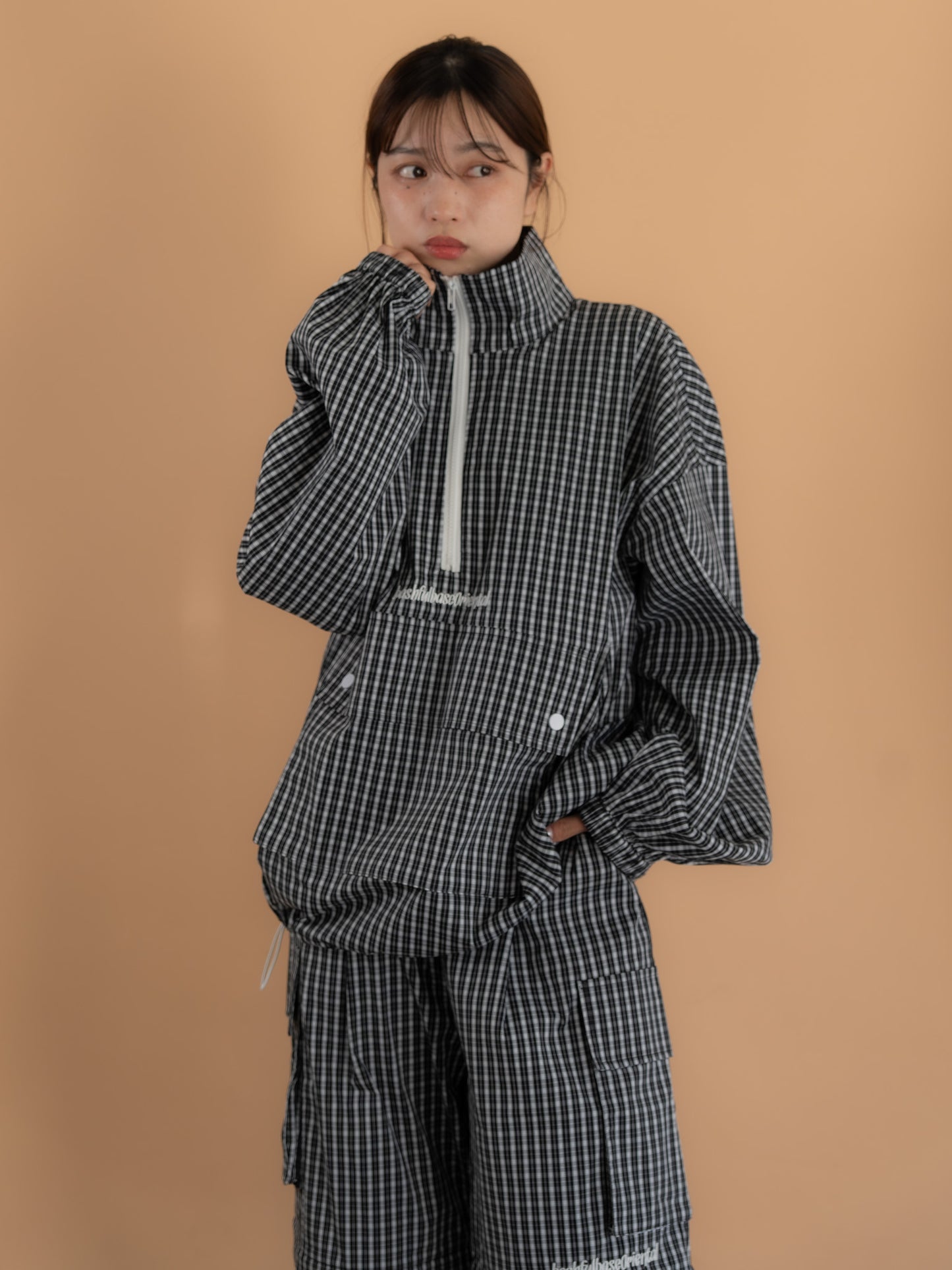 [SET]チェック柄ハーフジップアノラック+チェック柄2WAYカーゴポケットパンツ(2set)