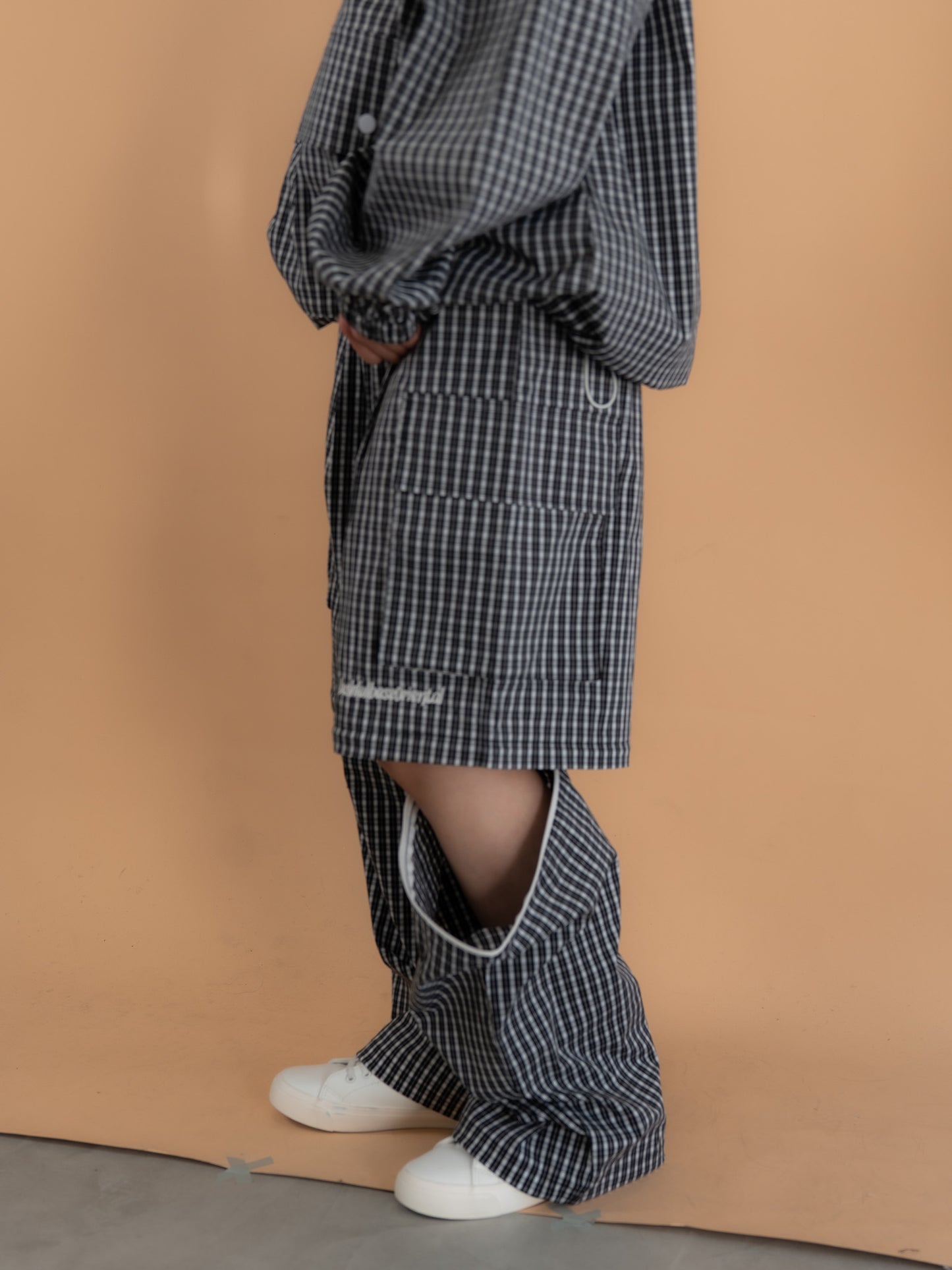 【bbO】チェック柄2WAYカーゴポケットパンツ