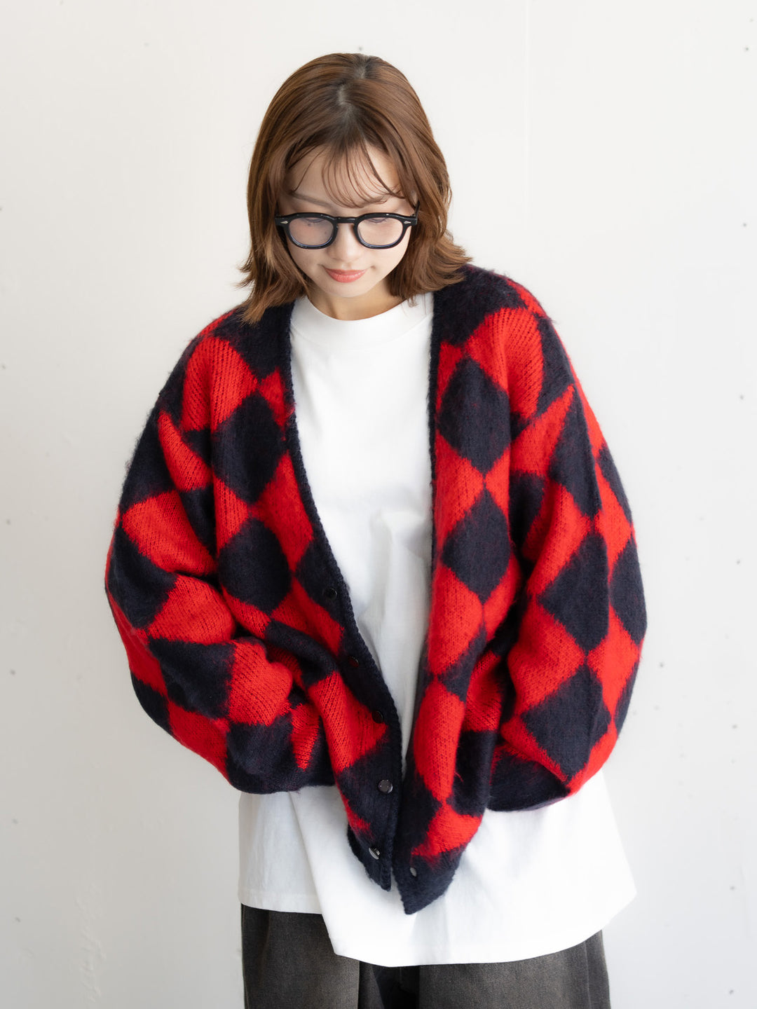 【bbO】シャギーモヘアタッチダイヤニットカーディガン