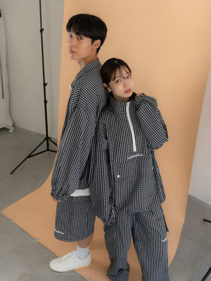 [SET]チェック柄ハーフジップアノラック+チェック柄2WAYカーゴポケットパンツ(2set)