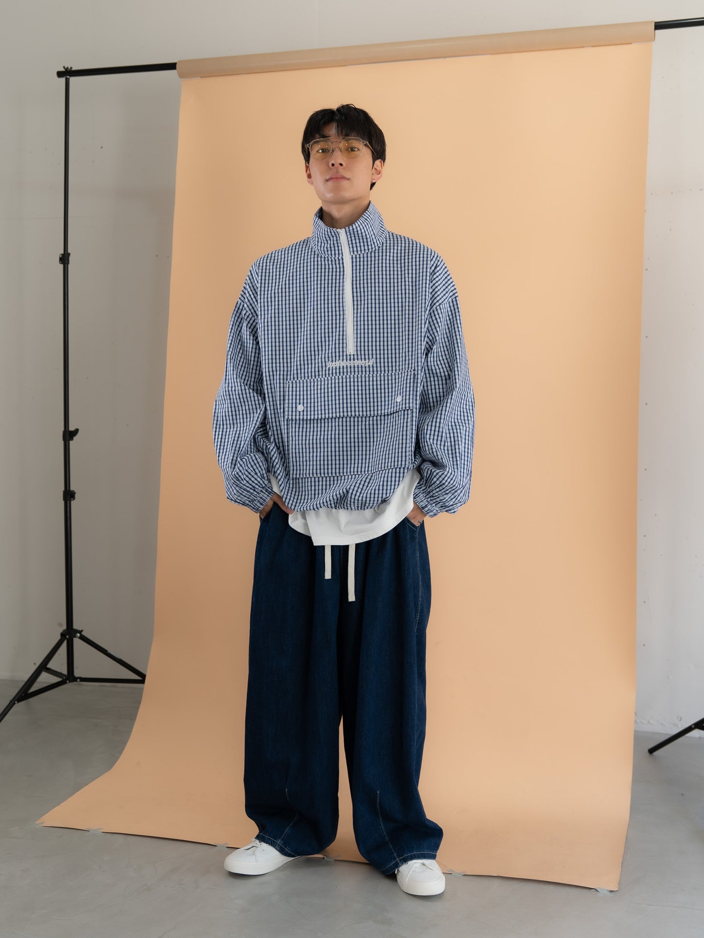 [SET]チェック柄ハーフジップアノラック+イージーコクーンワイドデニムパンツ(2set)