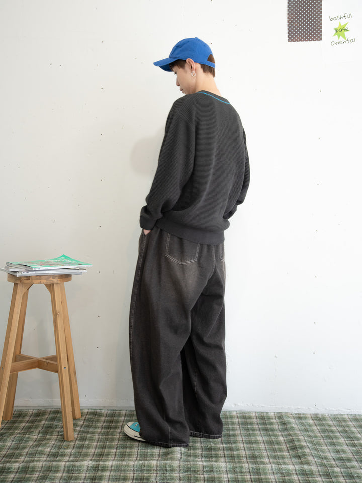【bbO】バイカラーハートワッペンワッフルニットプルオーバー