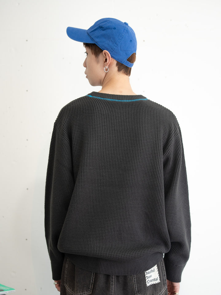 【bbO】バイカラーハートワッペンワッフルニットプルオーバー