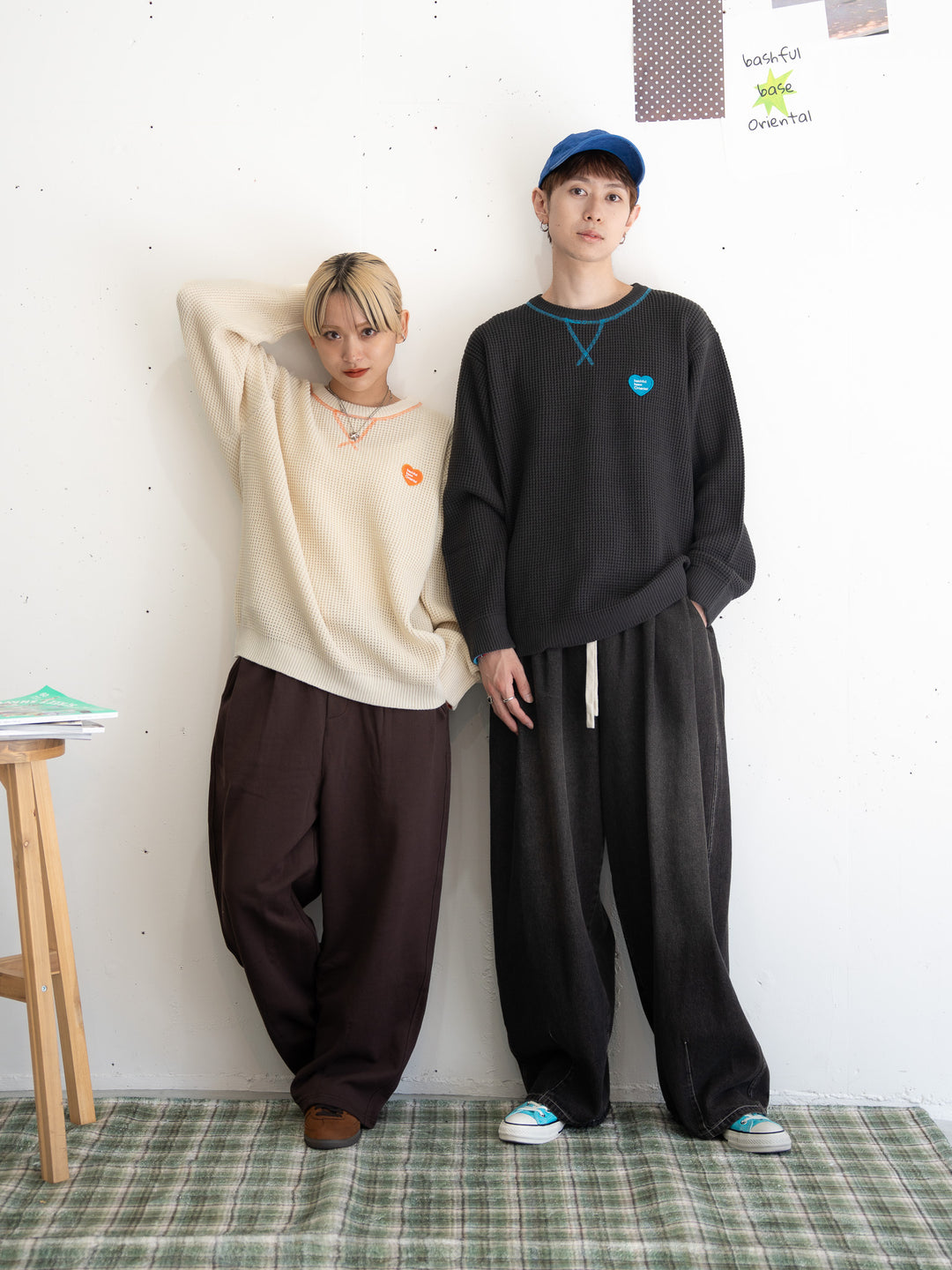 【bbO】バイカラーハートワッペンワッフルニットプルオーバー