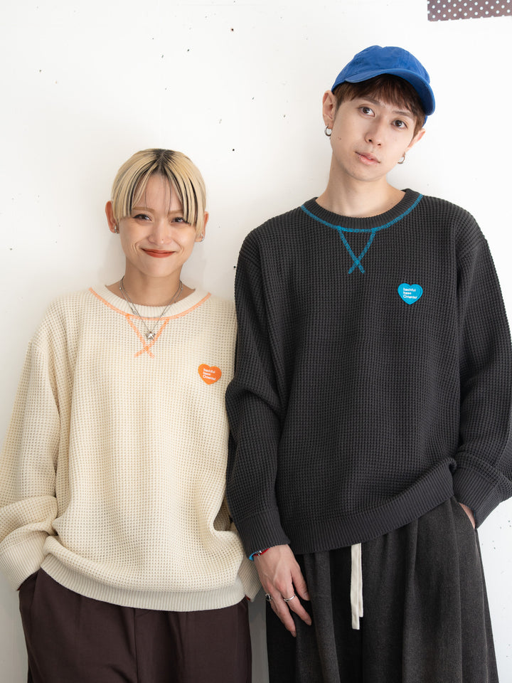 【bbO】バイカラーハートワッペンワッフルニットプルオーバー