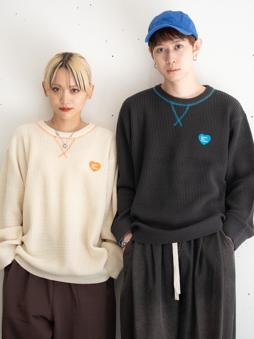 【bbO】バイカラーハートワッペンワッフルニットプルオーバー