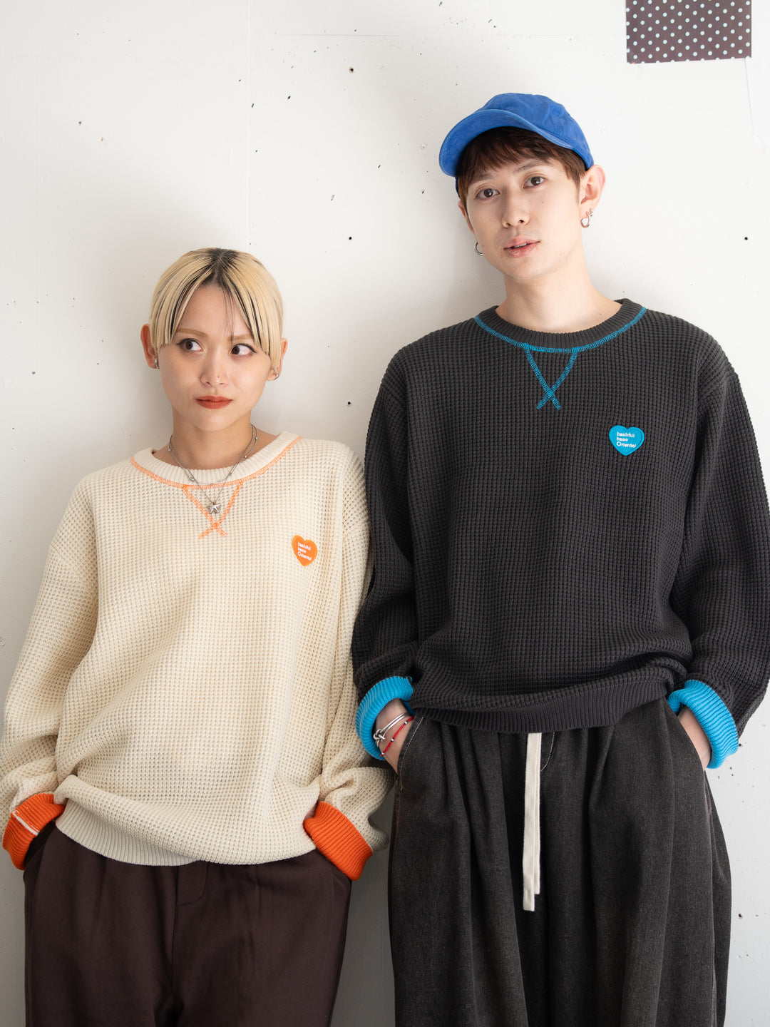 【bbO】バイカラーハートワッペンワッフルニットプルオーバー
