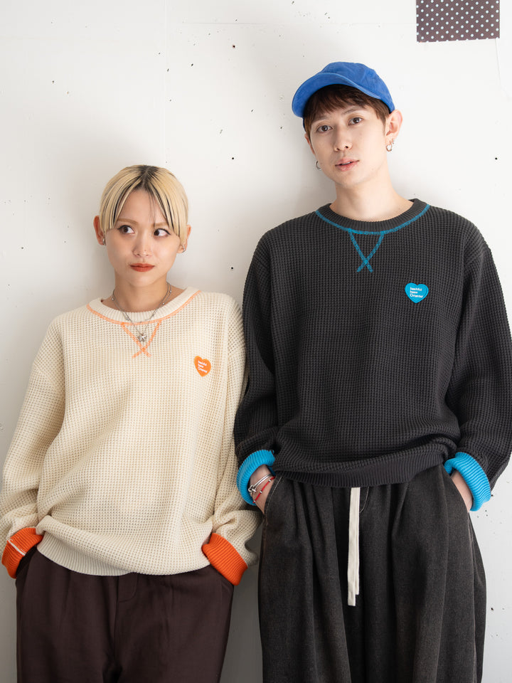 【bbO】バイカラーハートワッペンワッフルニットプルオーバー