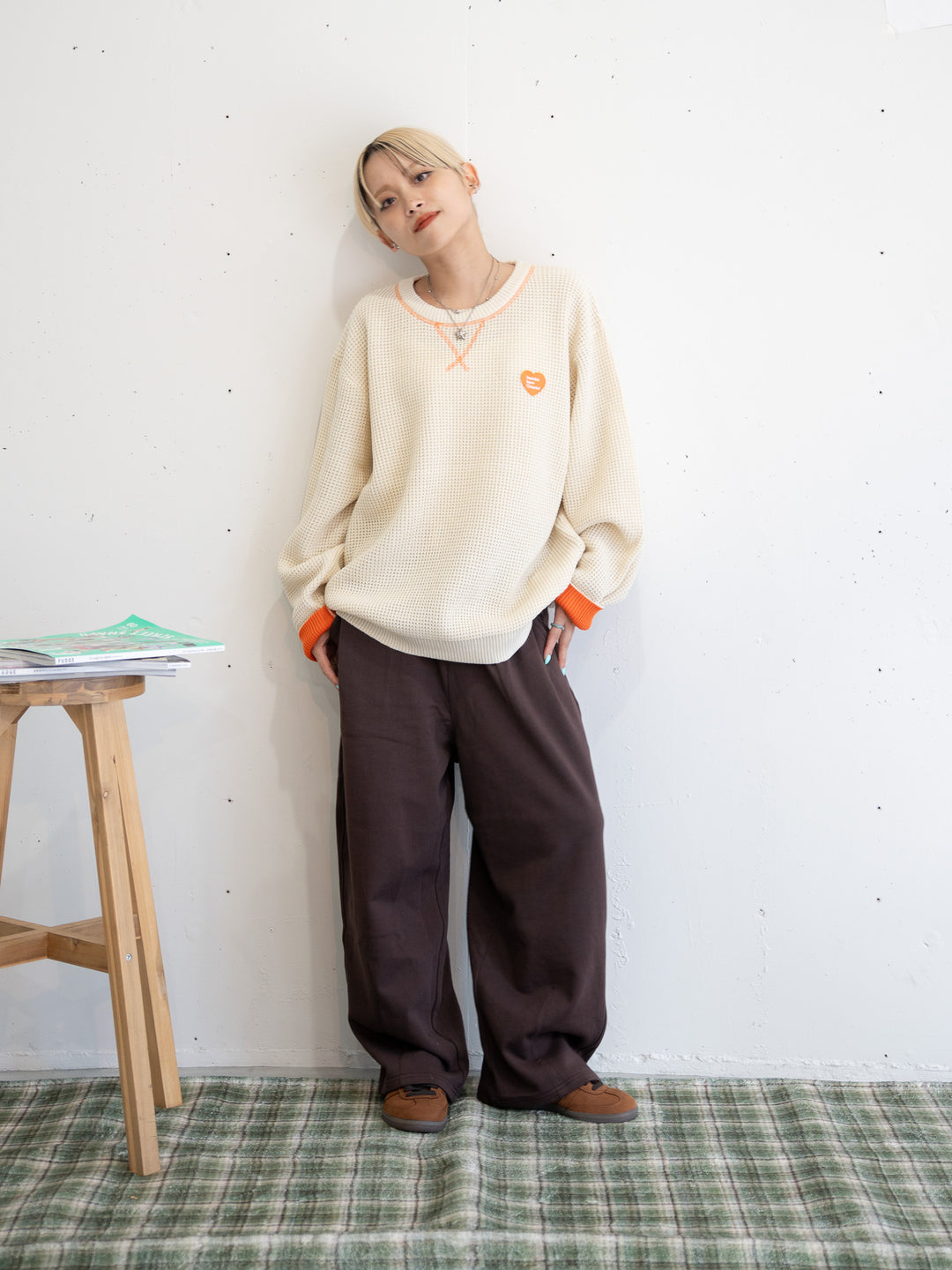 【bbO】バイカラーハートワッペンワッフルニットプルオーバー