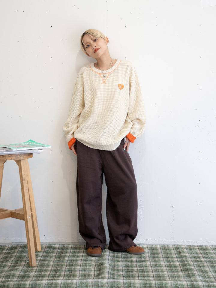 【bbO】バイカラーハートワッペンワッフルニットプルオーバー