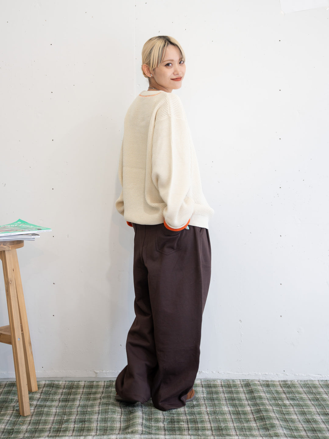 【bbO】バイカラーハートワッペンワッフルニットプルオーバー