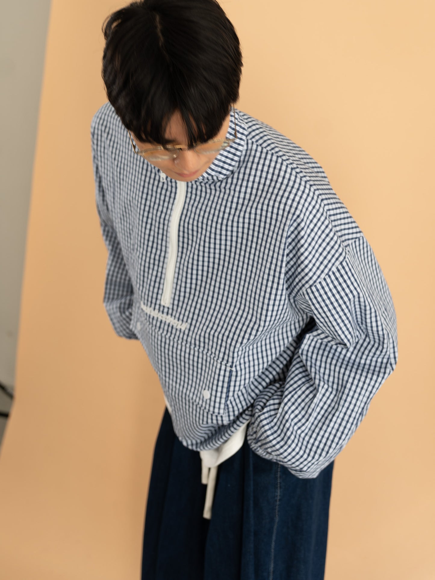 [SET]チェック柄ハーフジップアノラック+イージーコクーンワイドデニムパンツ(2set)