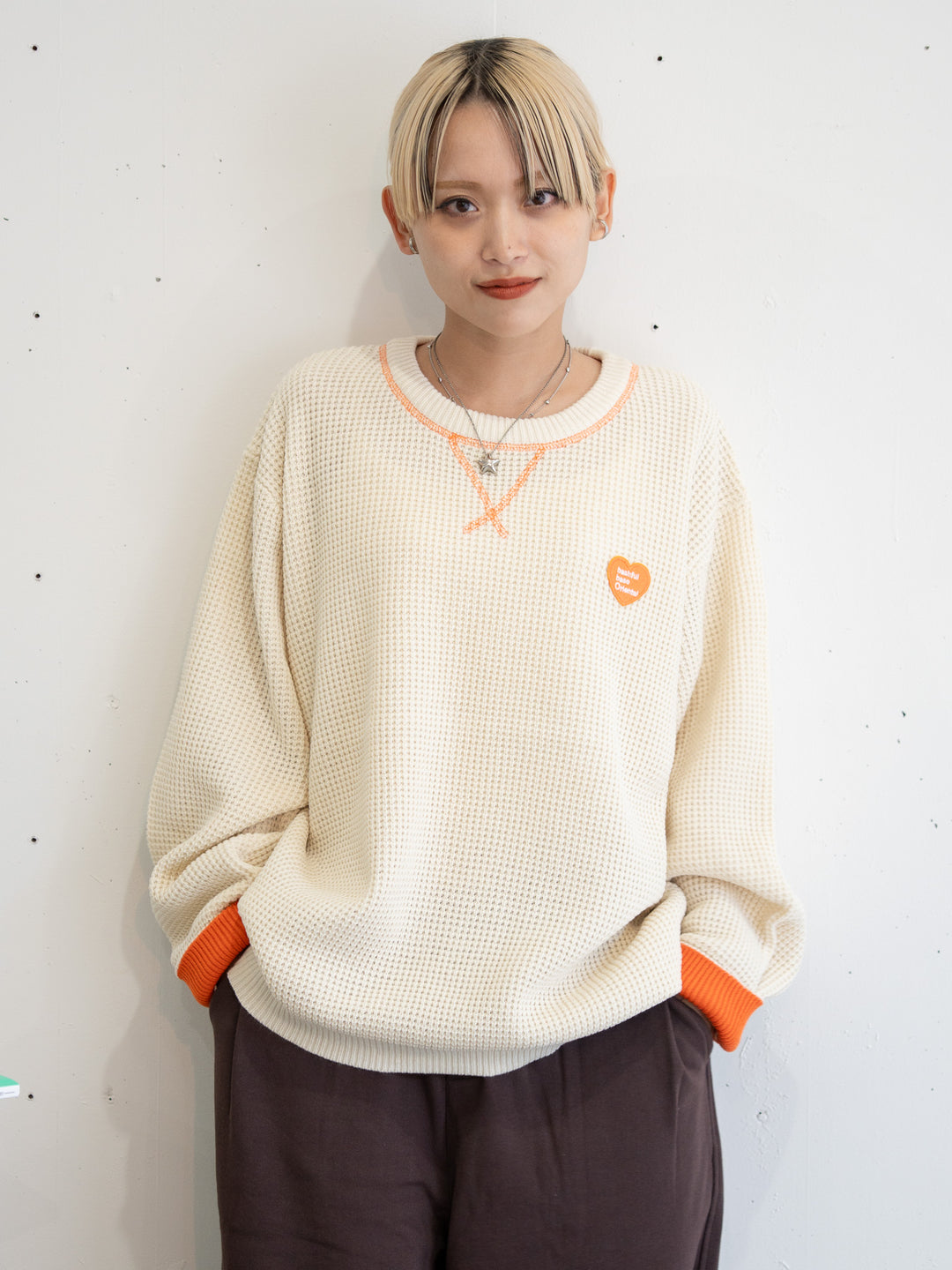 【bbO】バイカラーハートワッペンワッフルニットプルオーバー
