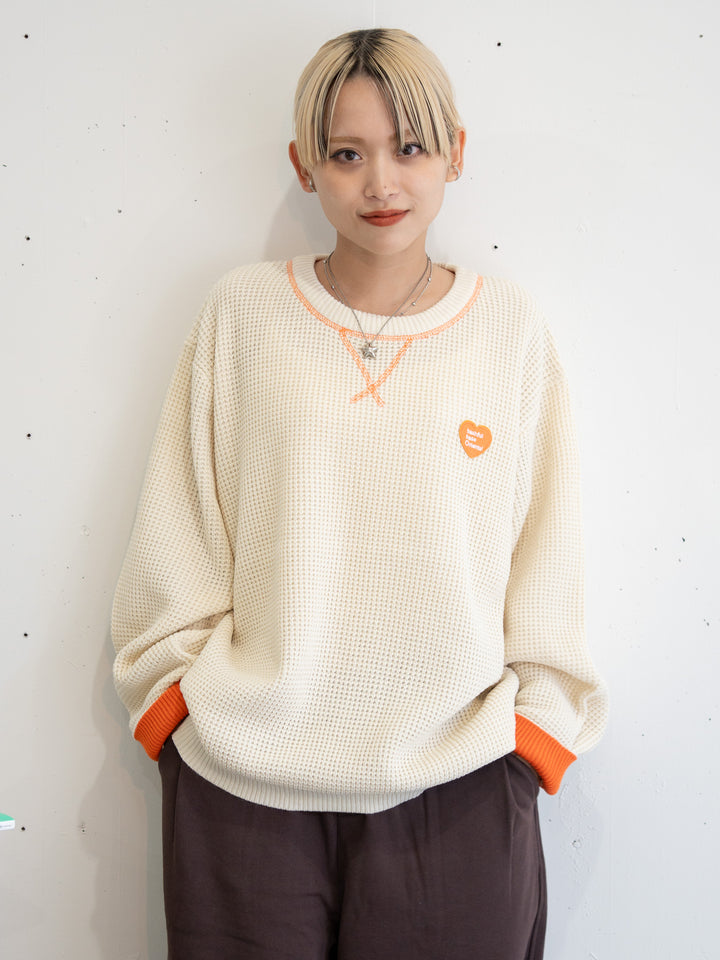 【bbO】バイカラーハートワッペンワッフルニットプルオーバー