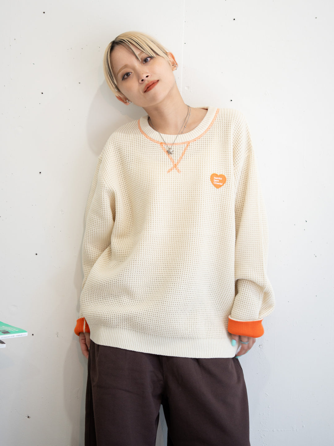 【bbO】バイカラーハートワッペンワッフルニットプルオーバー