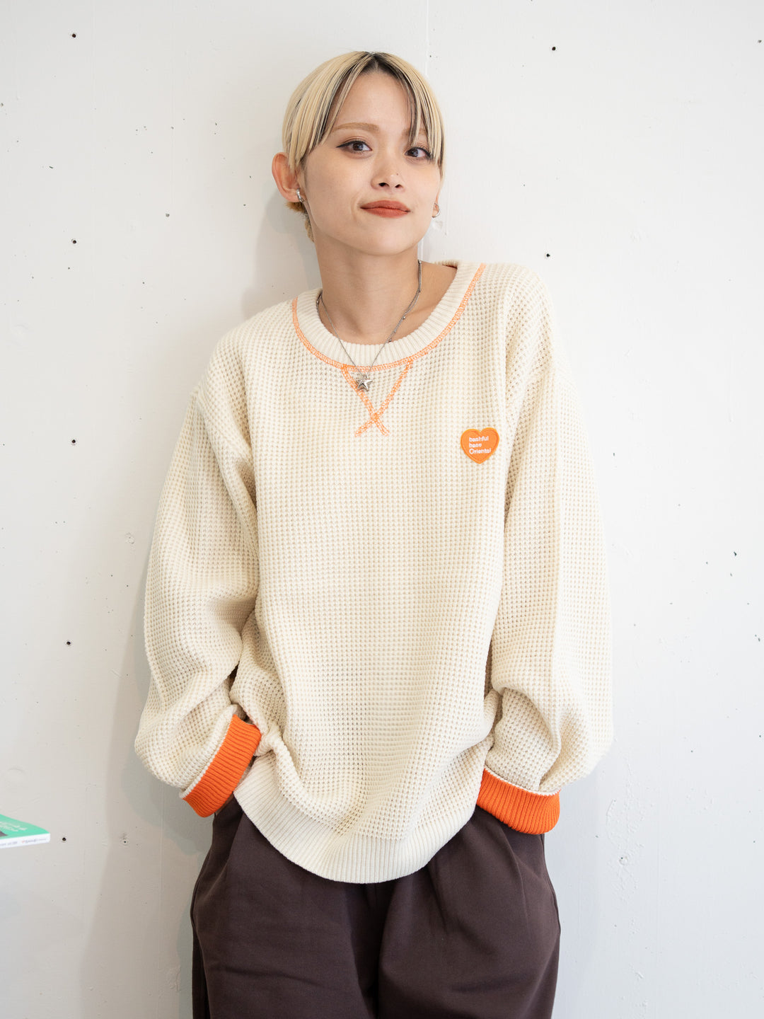 【bbO】バイカラーハートワッペンワッフルニットプルオーバー