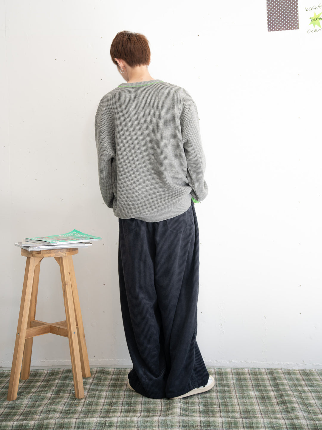 【bbO】バイカラーハートワッペンワッフルニットプルオーバー
