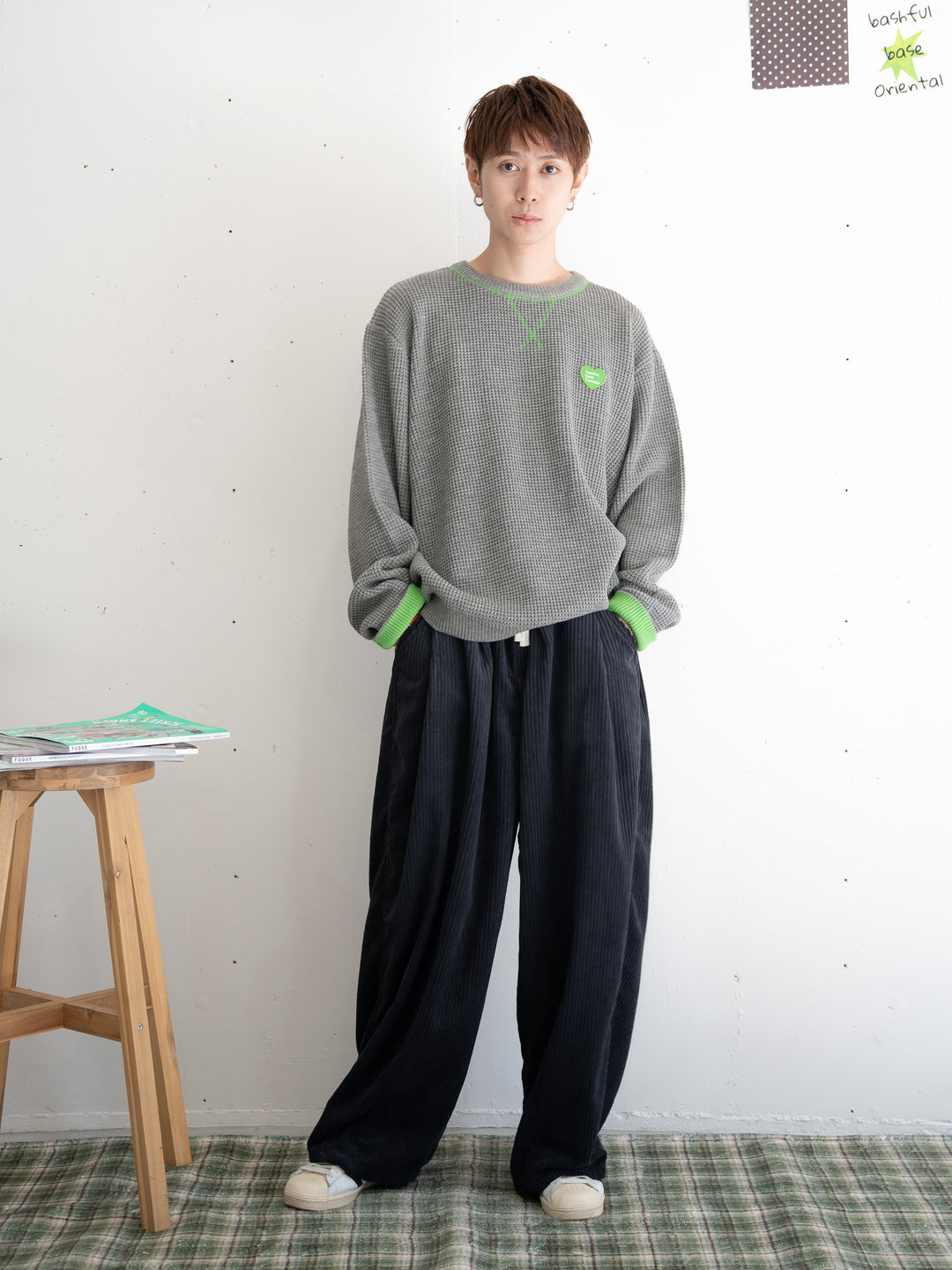【bbO】バイカラーハートワッペンワッフルニットプルオーバー