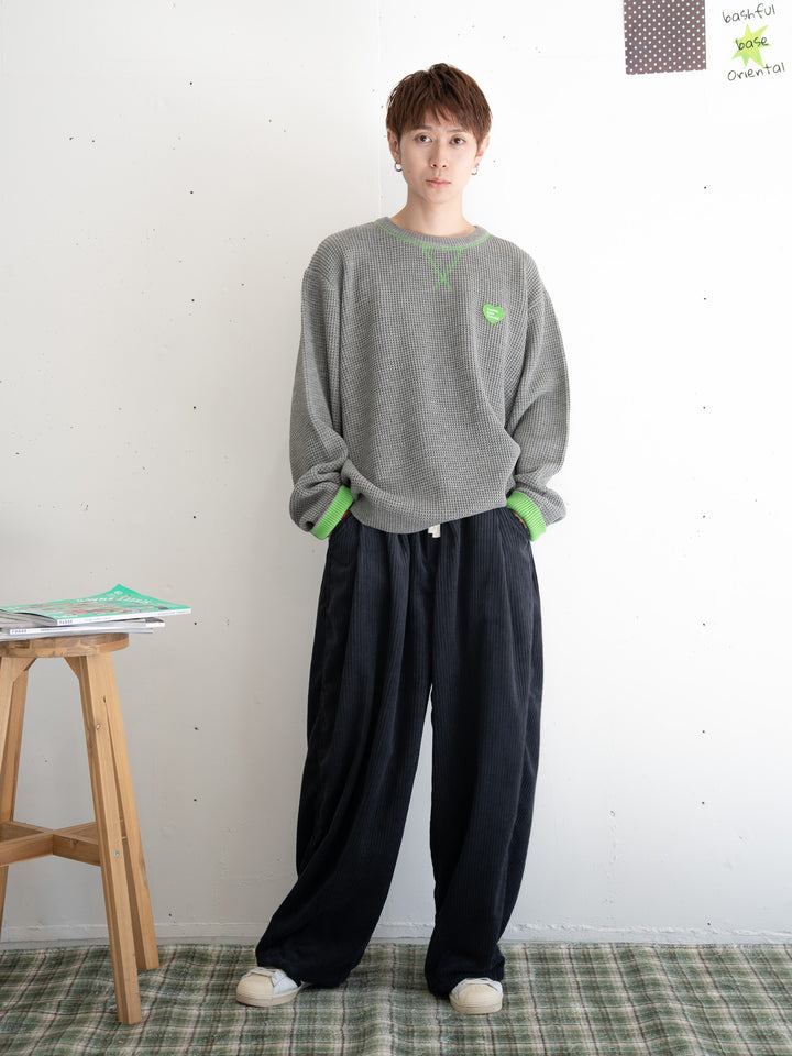 【bbO】バイカラーハートワッペンワッフルニットプルオーバー